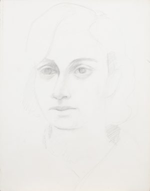 Graphite portrait study of a young woman's face, lightly drawn with detailed eyes on white paper.