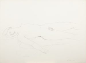 Graphite drawing of a nude figure reclining horizontally on white paper, viewed from the side.