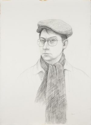 Graphite drawing of a young man in a flat cap, aviator glasses, and a draping scarf on white paper.