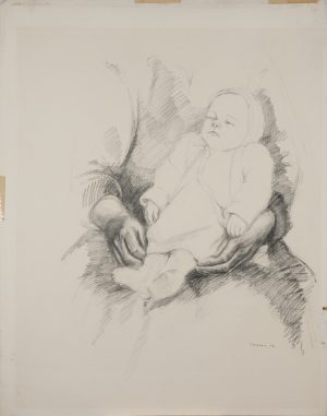 Graphite drawing of a sleeping infant in a white gown cradled in an adult's large hands.