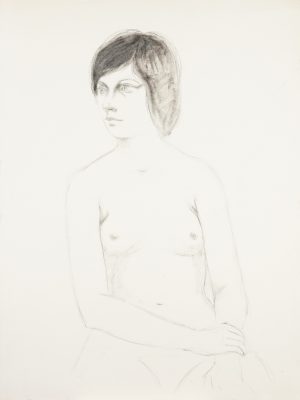Graphite and charcoal drawing of a seated nude woman from the waist up, gazing to her left.