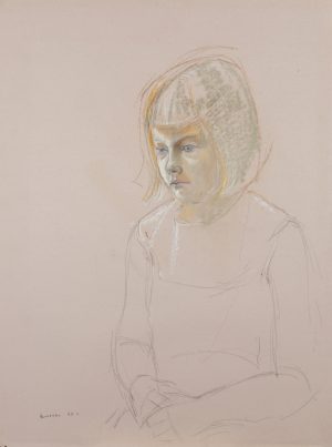 Graphite and pastel drawing of a young blonde girl with a bob haircut, seated and gazing downward.