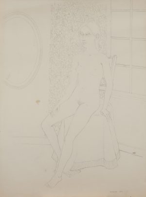 Graphite drawing of a seated nude woman in a chair within a domestic interior with wallpaper and a window.