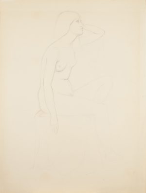 Graphite drawing of a seated nude woman in profile with one arm raised behind her head on cream paper.