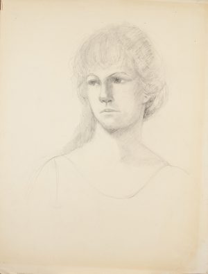 Graphite drawing of a young woman with upswept hair, bust-length, gazing slightly upward on pale paper.