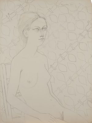 Graphite drawing of a seated nude woman on a chair against a patterned floral background.
