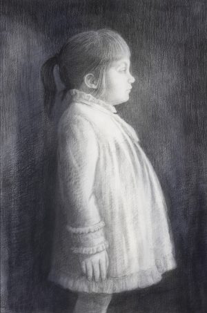 Graphite and charcoal drawing of a young girl in profile wearing a ruffled smock dress, set against a dark background.
