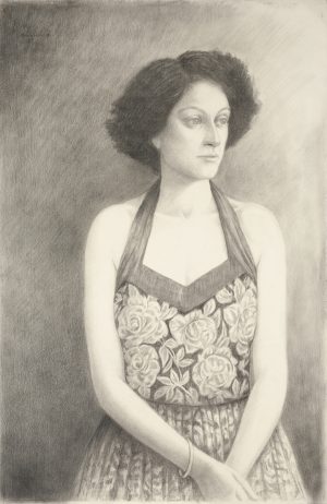 Graphite drawing of a dark-haired woman in a floral halter dress, shown from the waist up, gazing to one side.