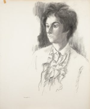 Charcoal drawing of a young woman with short dark hair wearing a ruffled blouse, shown from the waist up.