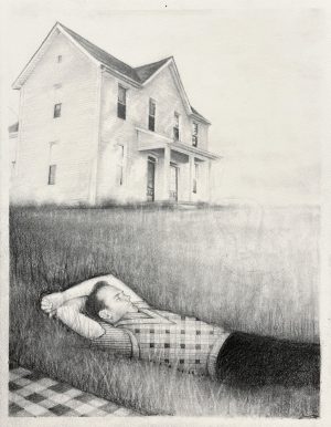 Graphite drawing of a man lying in tall grass before a two-story farmhouse, with a checkerboard floor beneath him.
