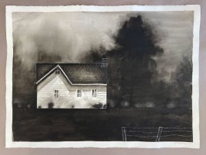 Ink wash of a white clapboard farmhouse at night beneath dark storm clouds, with a barbed-wire fence in the foreground.