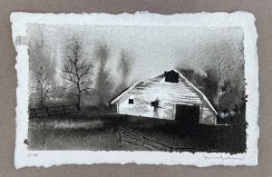 Ink wash painting of a white barn surrounded by bare trees and a fence in a dark, foggy landscape.