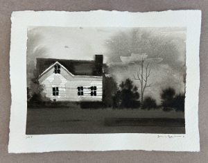 Ink wash of a weathered white farmhouse with dark windows against a stormy gray sky and bare trees.