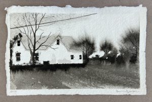 Ink wash drawing of a white farmhouse with bare trees and misty treeline behind a dark foreground field.
