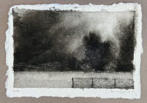 Ink drawing of a dark winter landscape with massing trees, a fence line, and a pale snowy foreground.