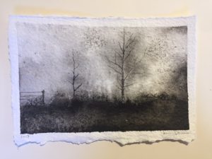 Ink drawing of two bare trees silhouetted against a misty sky above a dark hedgerow and fence.