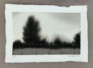 Ink wash landscape of a dark treeline and field beneath a pale sky, with a large softly diffused tree at left.