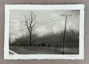 Ink wash painting of a bare tree and utility pole with power lines beside a rural road under a gray sky.