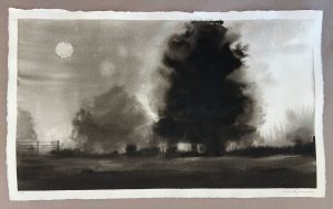 Ink wash drawing of a nighttime rural fire, with billowing dark smoke, a pale moon, and glowing buildings on the horizon.