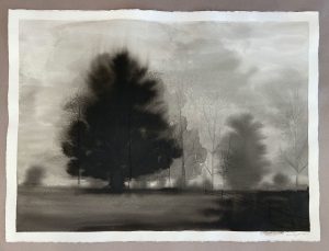 Ink wash landscape of a large dark tree amid bare winter trees, foggy sky, and a fence on open ground.