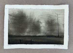 Ink wash of a rural landscape with a utility pole, power lines, fence posts, and misty trees in the background.
