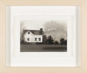 Ink wash of a white farmhouse with dark shuttered windows amid bare trees under an overcast grey sky.