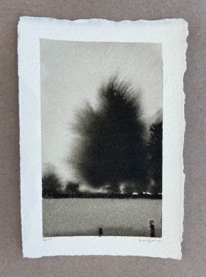 Ink wash landscape of a large wind-blown tree against a pale sky with two small figures in the foreground.