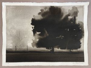 Ink wash painting of a large dark tree silhouetted against a pale misty sky, with a bare tree and fence at left.