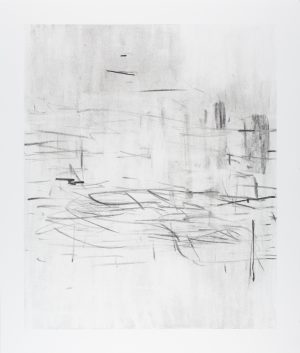 Abstract charcoal drawing of sweeping diagonal and horizontal marks on white paper, with darker clusters at upper right.