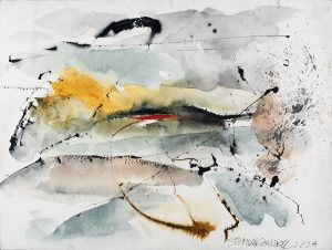 Abstract ink and watercolor on paper with grey washes, amber fields, black splattered marks, and a red accent stroke.