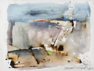 Watercolor and ink painting of an abstracted open landscape under a blue-grey stormy sky.