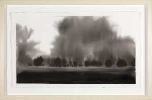 Ink and salt work depicting a dark row of trees and fence line beneath dramatic billowing storm clouds.
