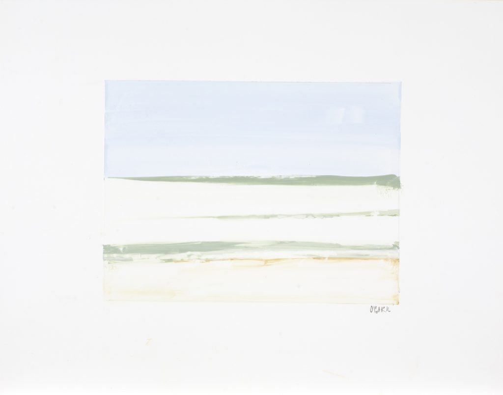 Gouache painting of a minimal landscape with pale sky and horizontal bands of sage green and cream.