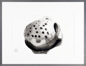 Ink wash painting of a rounded, spotted organic form resembling a mushroom cap on white paper.