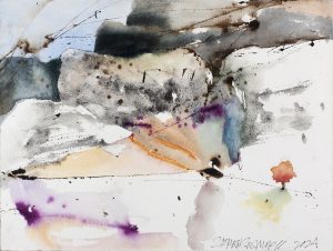 Abstract ink and watercolor landscape with grey washes, violet blooms, and a small orange tree form at lower right.