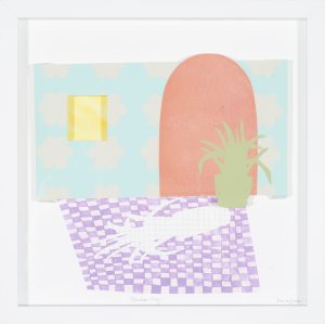 Mixed-media collage of a pastel interior with a cloud-patterned wall, arched alcove, potted plant, and purple checkerboard surface.