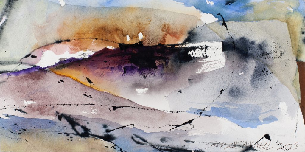 Abstract ink and watercolor painting of sweeping landscape washes in violet, amber, and grey with bold ink splatter marks.