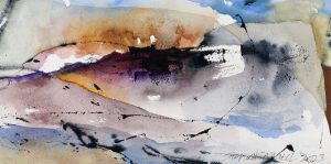 Abstract ink and watercolor painting of sweeping landscape washes in violet, amber, and grey with bold ink splatter marks.