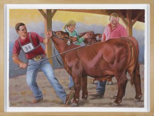 Pastel drawing of three young exhibitors handling two brown cattle inside a livestock show barn.