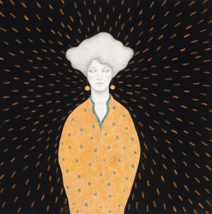 Colored pencil drawing of a pale woman in an amber robe with a cloud of grey hair, surrounded by radiating orange dashes on black.