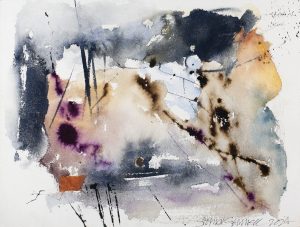 Abstract ink and watercolor painting with grey washes, violet bloom marks, dripped black lines, and warm amber accents.