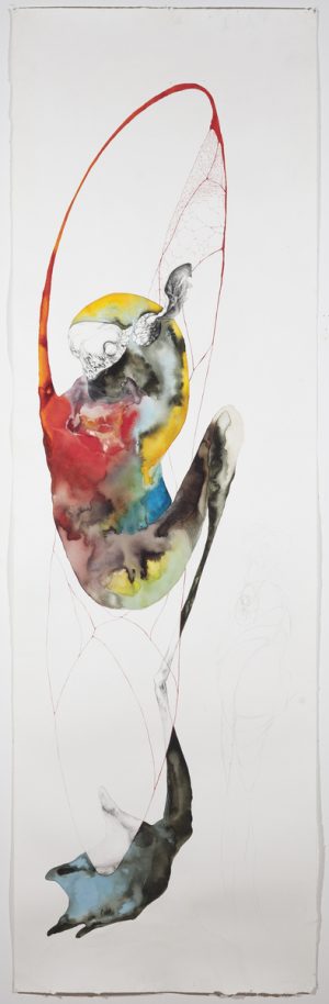 Ink drawing of an abstracted figure with a skull, sweeping red arcs, and fluid washes of red, yellow, and teal on white paper.