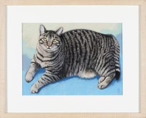 Pastel drawing of a large silver tabby cat reclining against a blue background, gazing directly at the viewer.