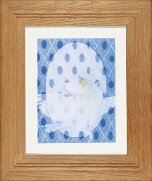 Chalk and graphite drawing of a small bird with open beak inside a pale oval on a blue patterned cyanotype background.