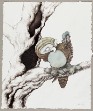 Watercolor and ink drawing of a barn owl with a pale blue spherical body perched on a gnarled tree branch.