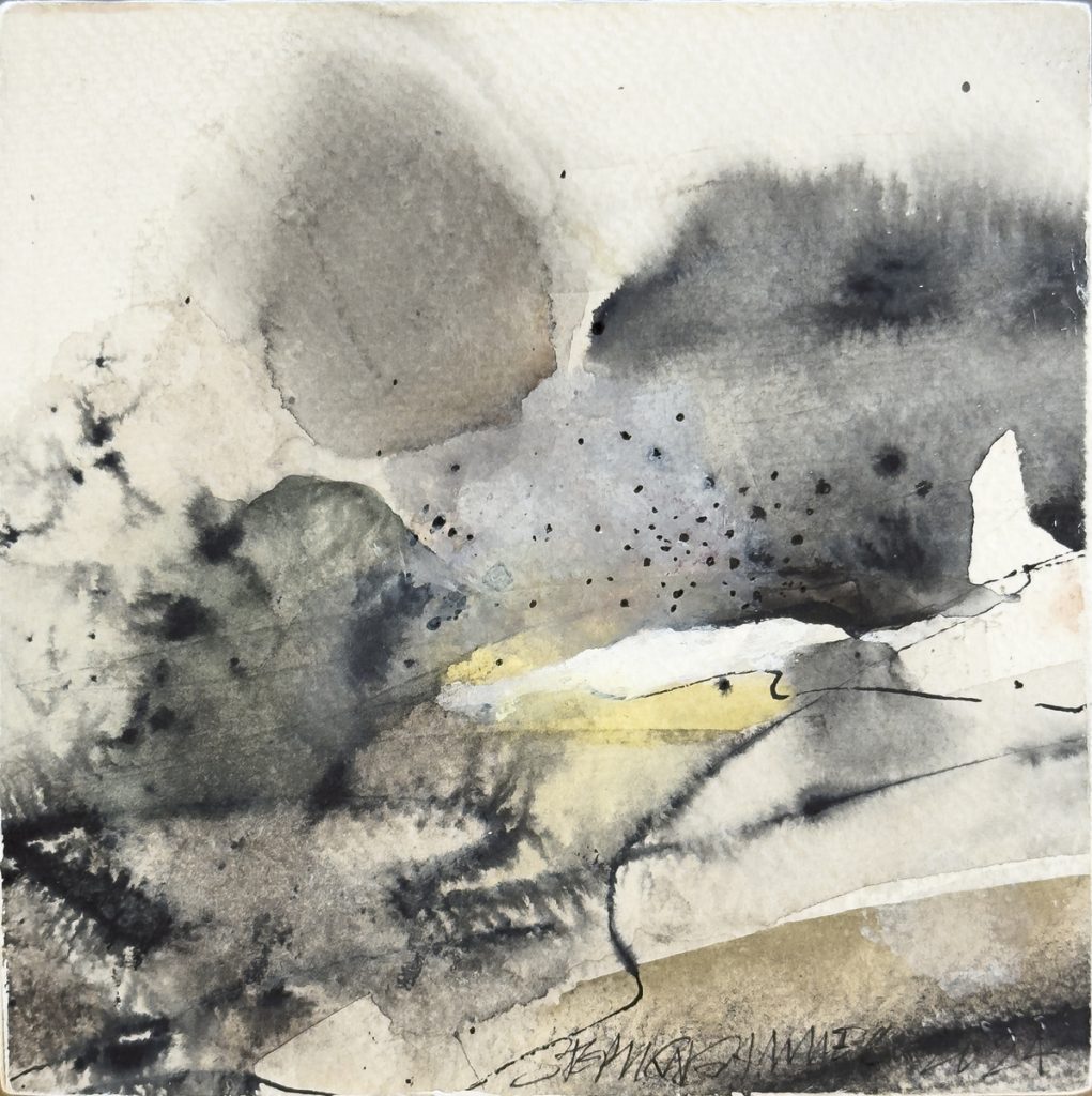 Abstract watercolor and ink work with grey washes, scattered ink droplets, and a horizontal yellow-gold band on pale paper.