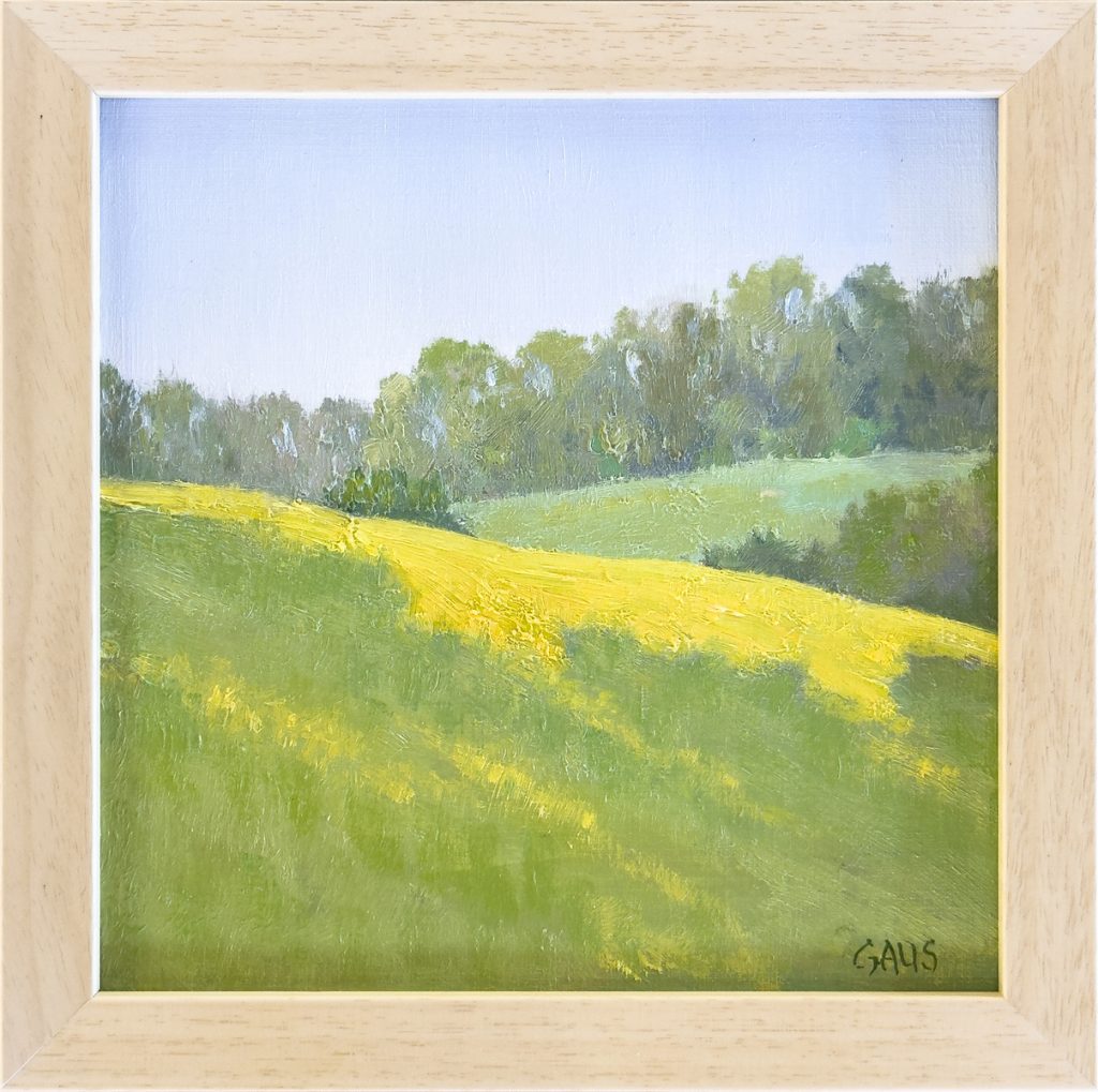 Oil painting of a sunlit green hillside with bands of yellow wildflowers and a distant treeline.