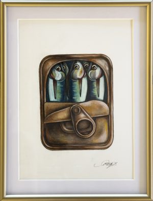 Ink and watercolor drawing of four wide-eyed sardines packed upright in an open tin can with a peel-back lid.
