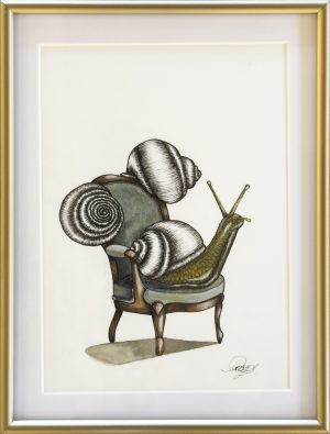 Ink and watercolor drawing of a large garden snail seated in an ornate wooden armchair against a cream background.