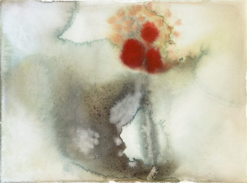 Watercolor and ink painting of loosely rendered red and coral flowers dissolving into soft grey and taupe washes.